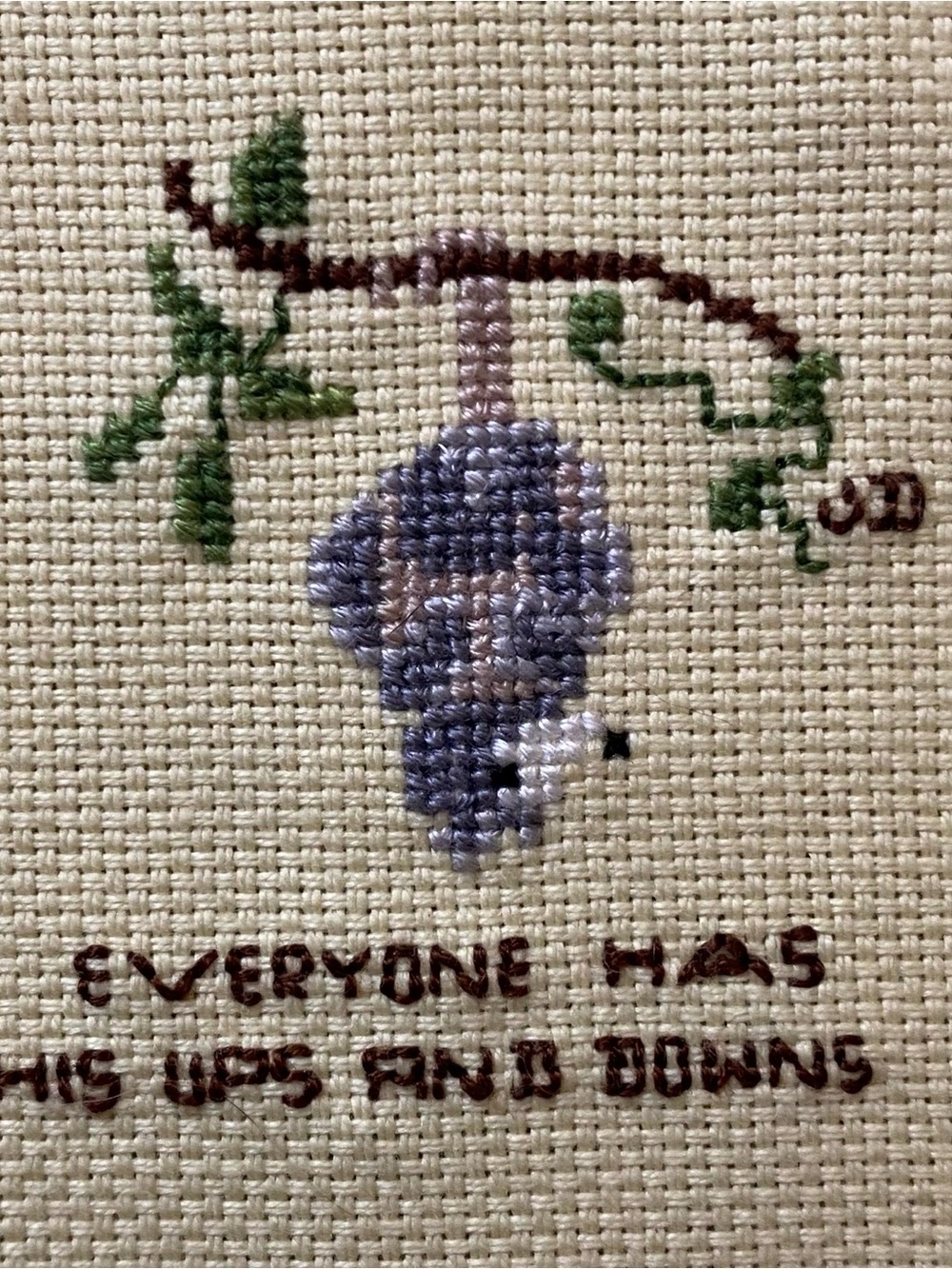 Vintage Unframed Finished Possum Cross Stitch “Everyones Has His Ups and Downs”